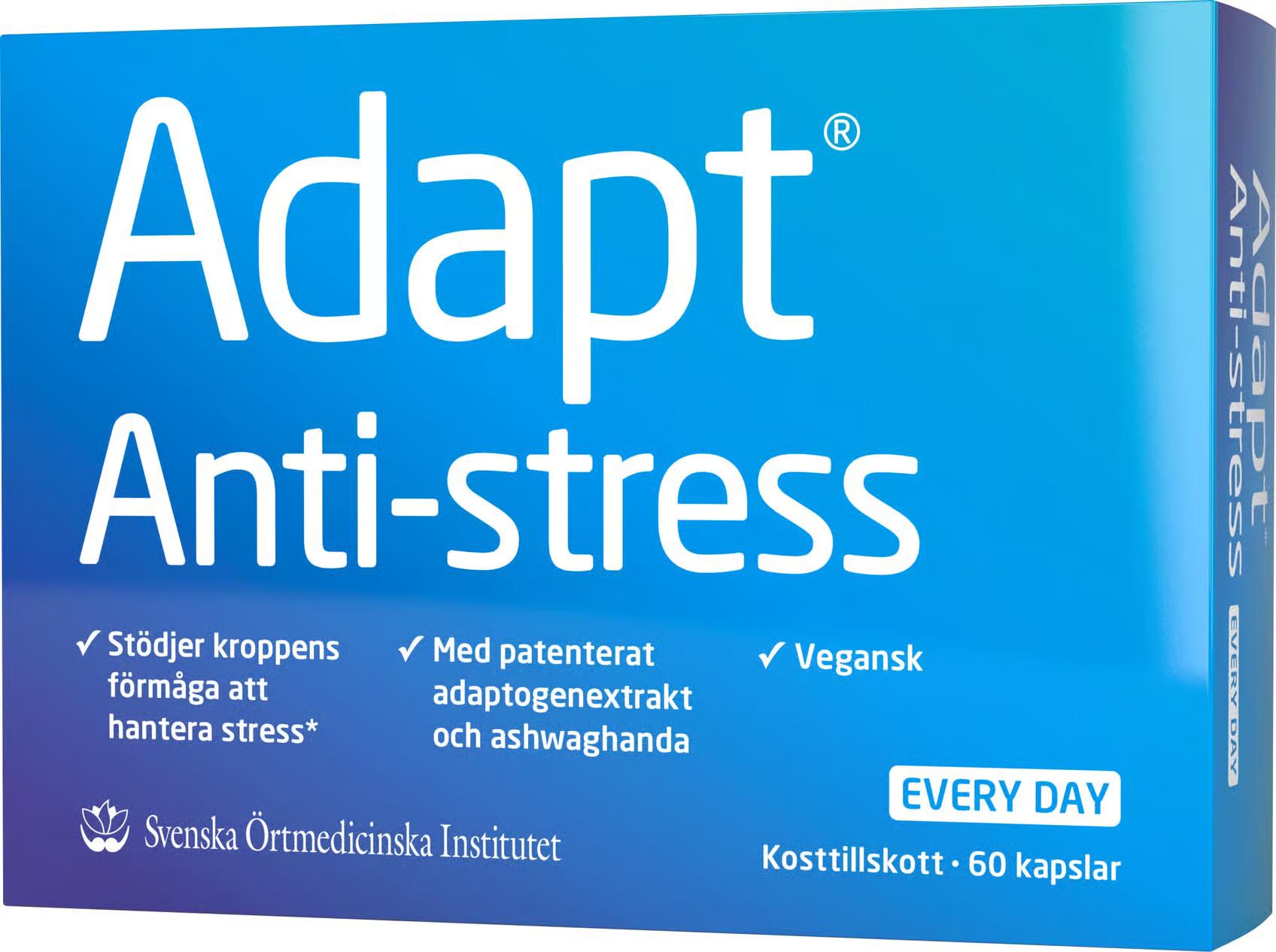 Blå läkemedelsförpackning med 60 kapslar "Adapt Anti-stress" kosttillskott från "Svenska Örtmedicinska institutet".